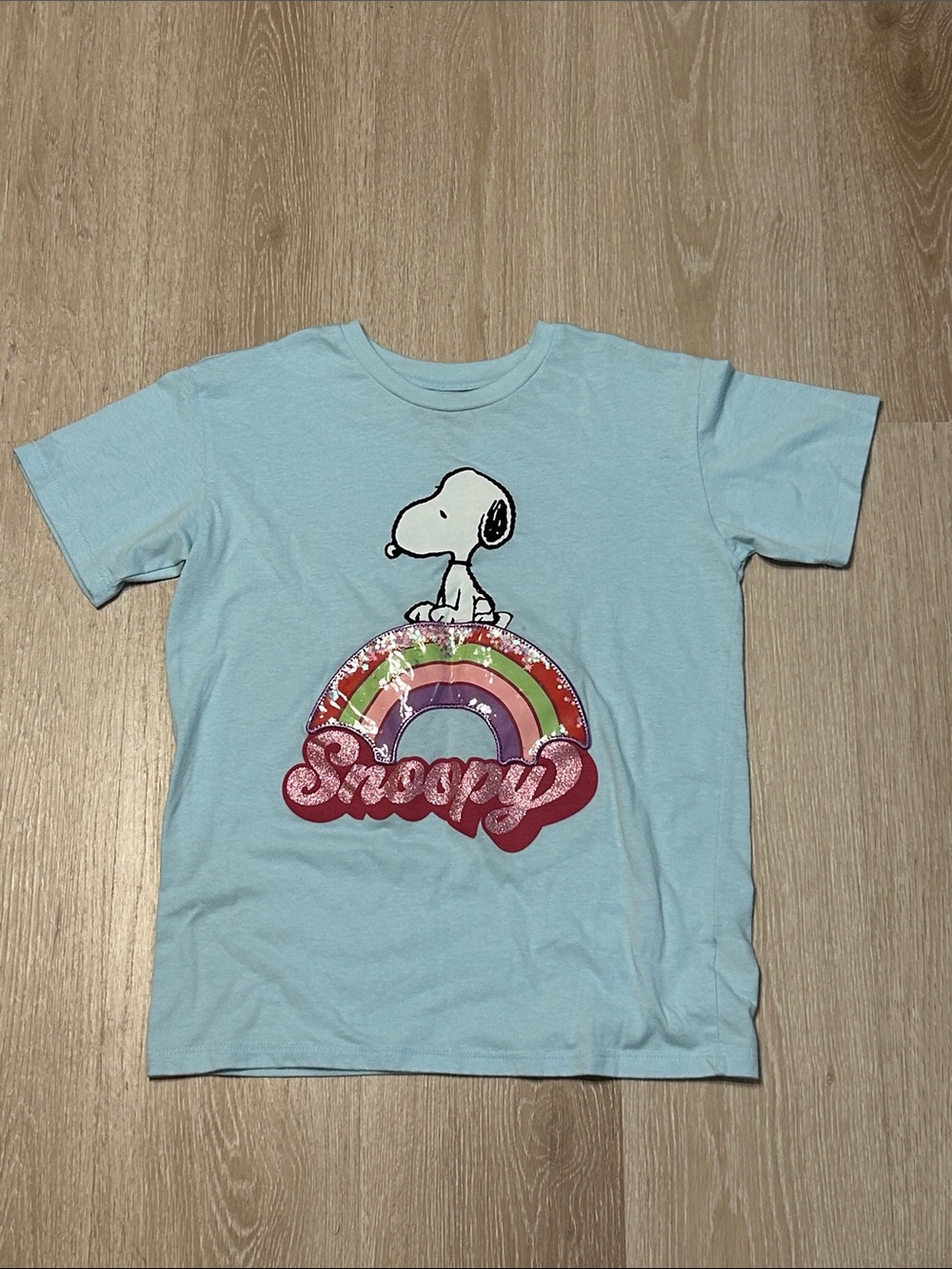 Peanuts Snoopy Light Blue Rainbow Sequin Star Bubble Girls Graphic Tee Sz XL